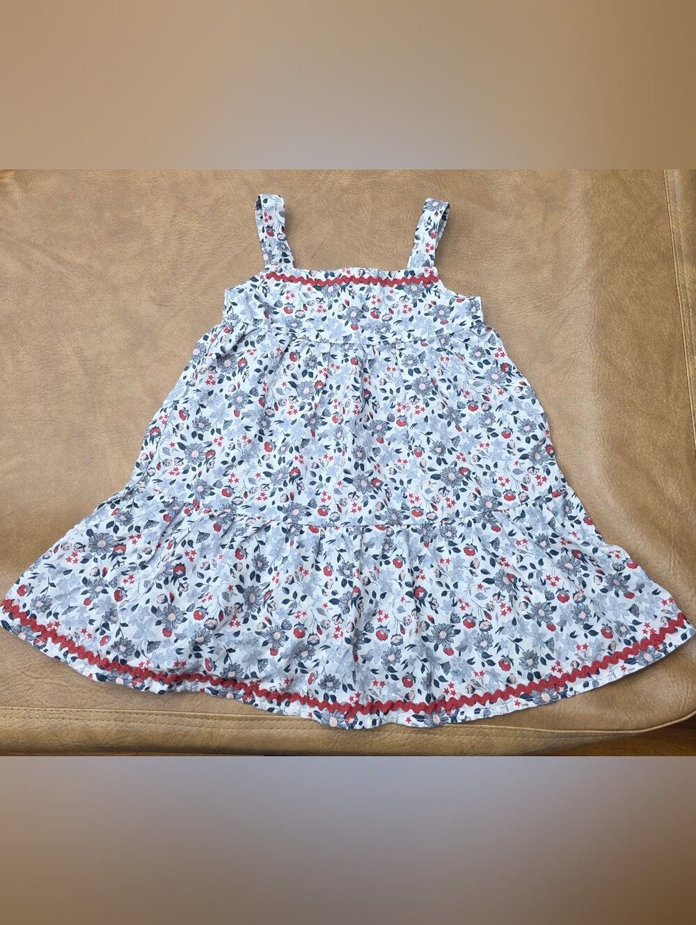 Girls' White Floral Sundress Tank Top with Red Trim